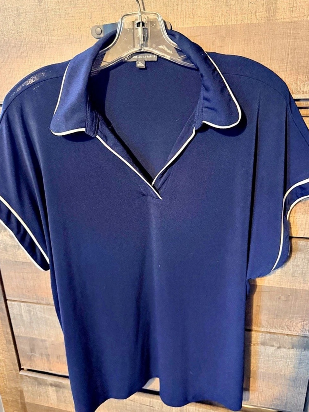 Adrianna Papell Piped Short Sleeve Blouse in Blue Like New